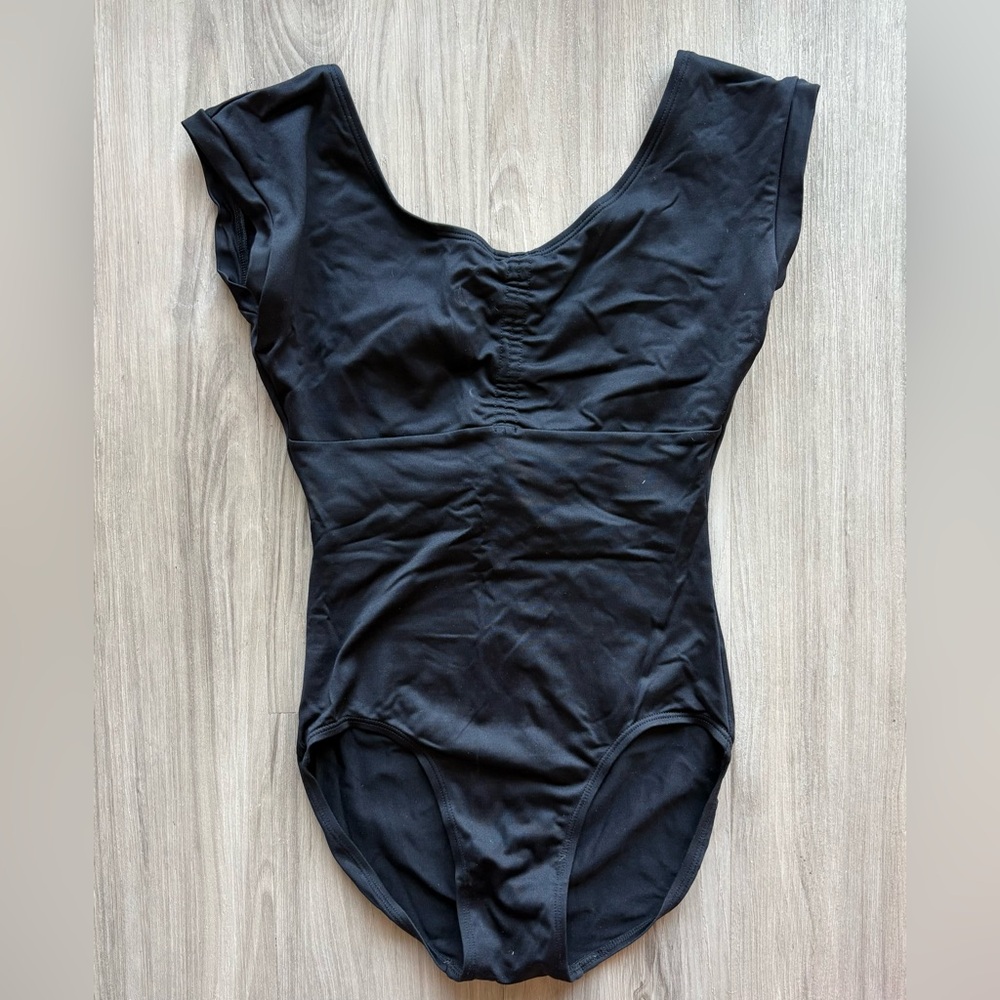 Gaynor Minden Black Cap Sleeve Pinch Front Leotard